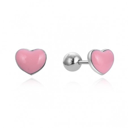 Pendientes de plata infantil forma corazón con esmalte rosa