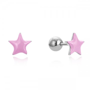 Pendientes de plata infantil forma de estrella con esmalte rosa