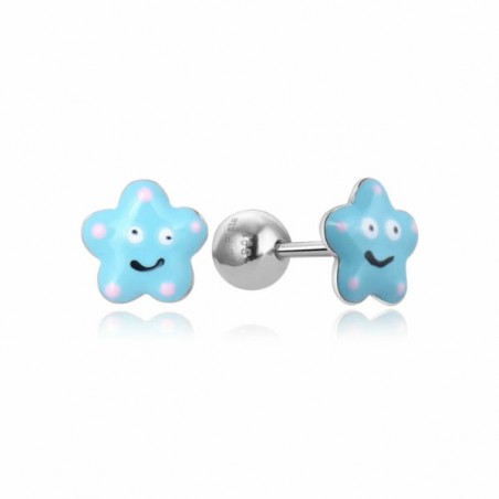 Pendientes de plata infantil flor con esmalte azul