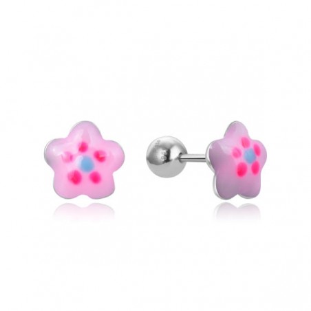 Pendientes de plata infantil flor con esmalte rosa