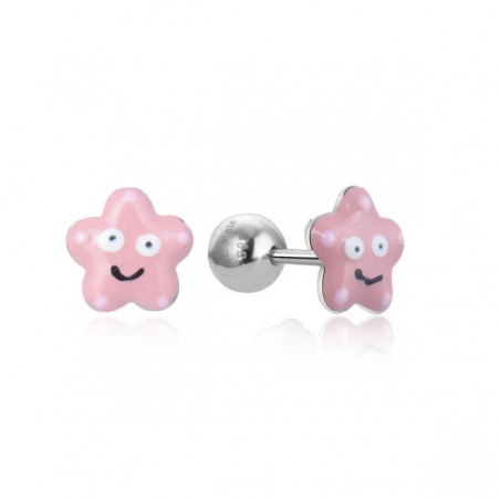 Pendientes de plata infantil flor con esmalte rosa