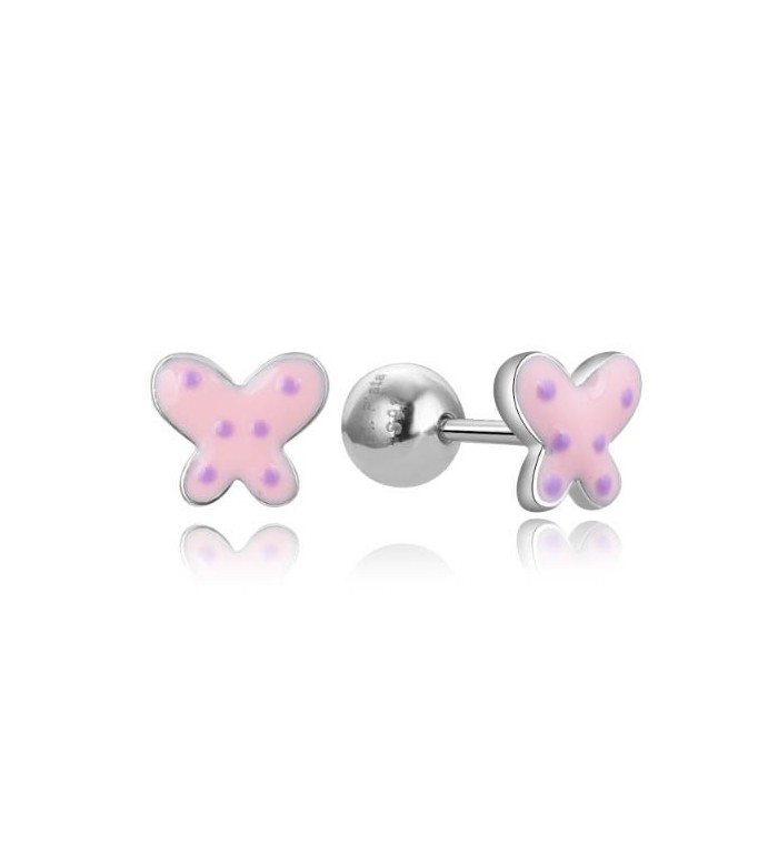 Pendientes plata infantil mariposa esmalte rosa