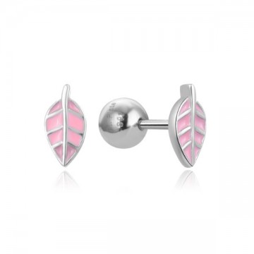 Pendientes plata infantil hoja esmalte rosa