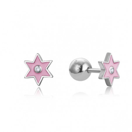 Pendientes plata infantil estrella con esmalte rosa y circonita