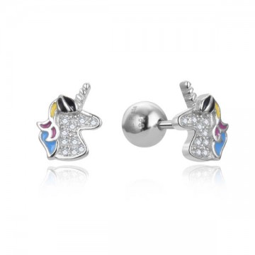 Pendientes plata infantil Unicornio con esmalte y circonitas