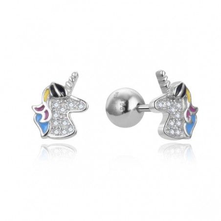 Pendientes plata infantil Unicornio con esmalte y circonitas