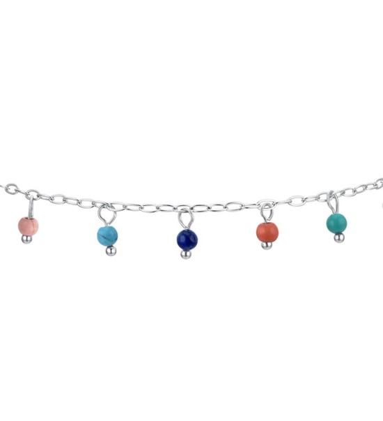Tobillera de acero inoxidable con piedras de colores y diseño fresco ideal para verano.