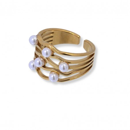 Anillo Anartxy de acero dorado abierto para mujer con perlas