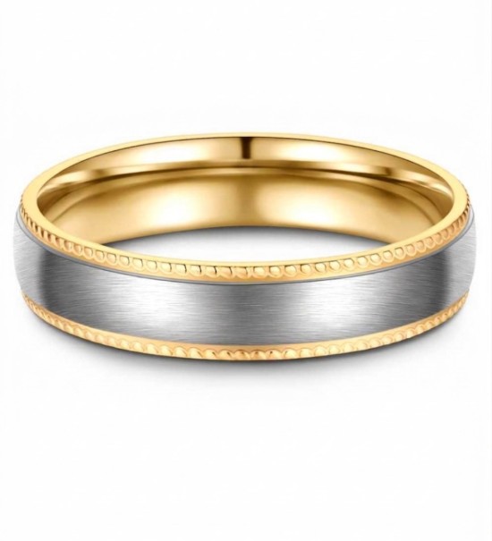 Anillo alianza de titanio bicolor con acabado cepillado y interior IP dorado 14k, diseño moderno unisex resistente