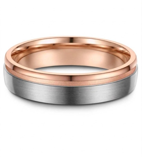 Anillo de alianza de titanio bicolor con acabado cepillado e interior IP rosa 14k unisex