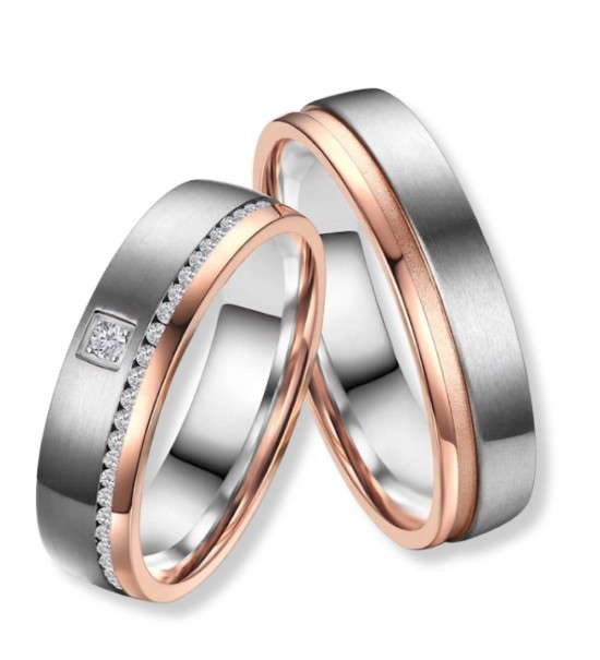 Anillo de alianza de titanio bicolor con acabado cepillado e interior IP rosa 14k unisex