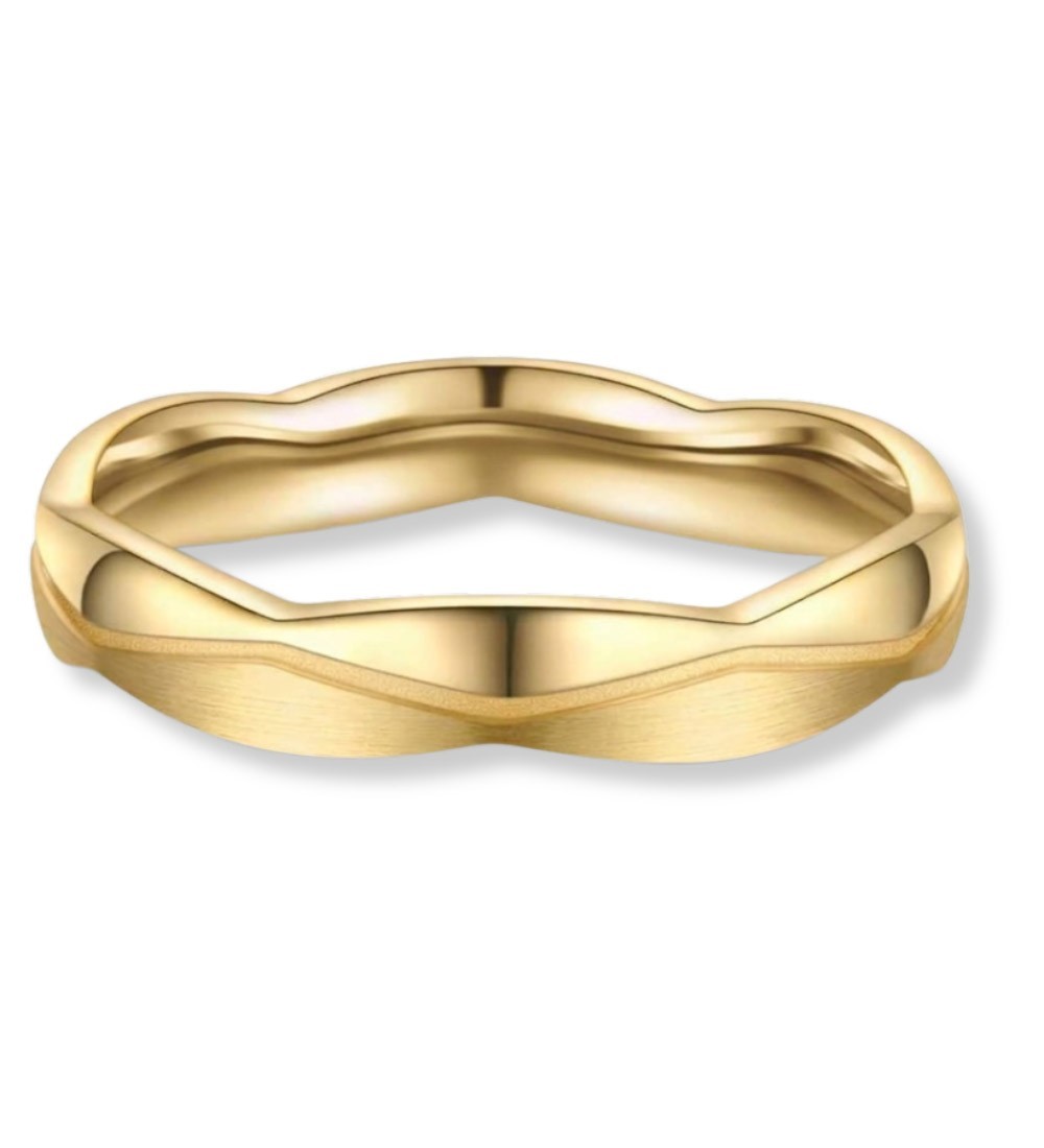 Anillo alianza de titanio con acabado IP dorado 14k, diseño ondulado moderno unisex resistente