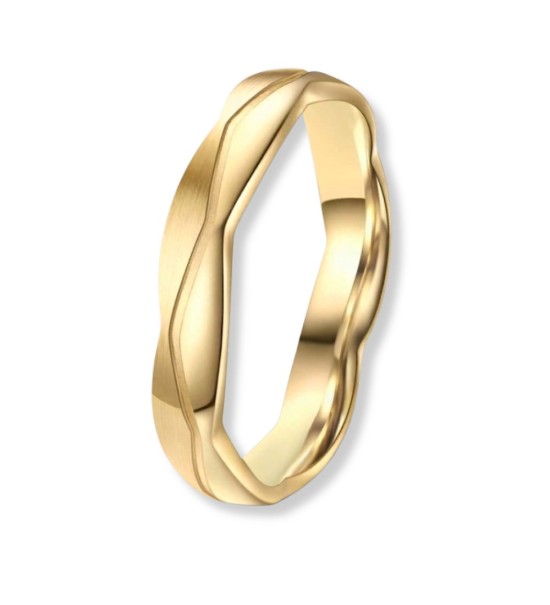 Anillo alianza de titanio con acabado IP dorado 14k, diseño ondulado moderno unisex resistente