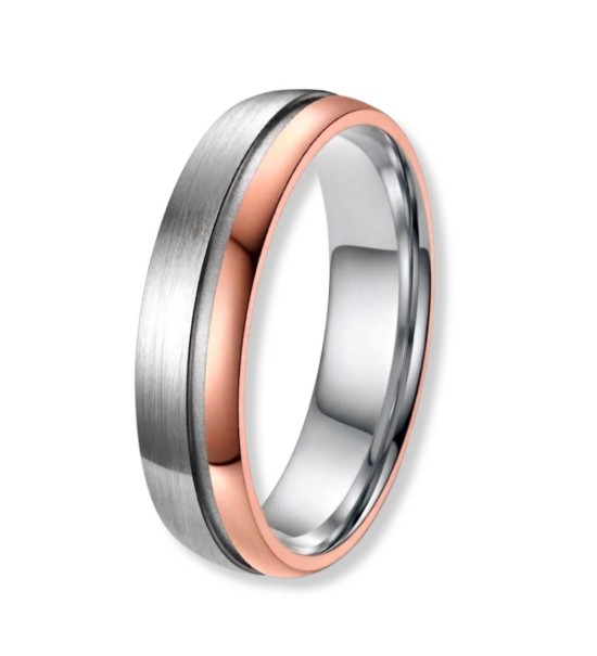 Anell d’aliança de titani bicolor amb banda IP rosa 14k, acabat setinat i interior polit