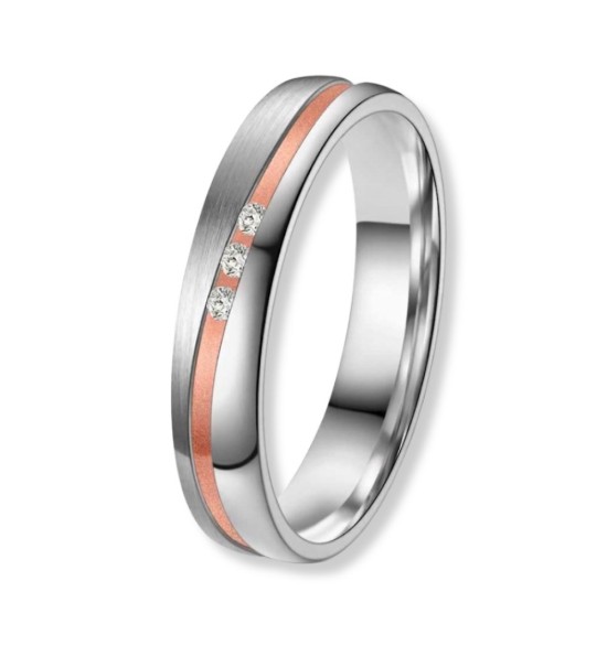 Anillo de alianza para mujer en titanio bicolor con banda IP rosa 14k y diamantes incrustados, acabado pulido y mate