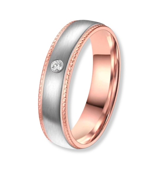 Anell d’aliança per dona de titani bicolor amb acabat IP rosa 14k i diamant incrustat, estil modern i elegant