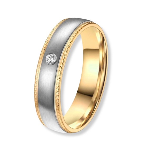Anillo alianza de mujer en titanio bicolor con acabado dorado IP 14k y diamante incrustado