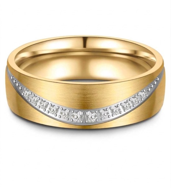 Anillo alianza de mujer en titanio con acabado IP dorado 14k y línea central con circonitas brillantes