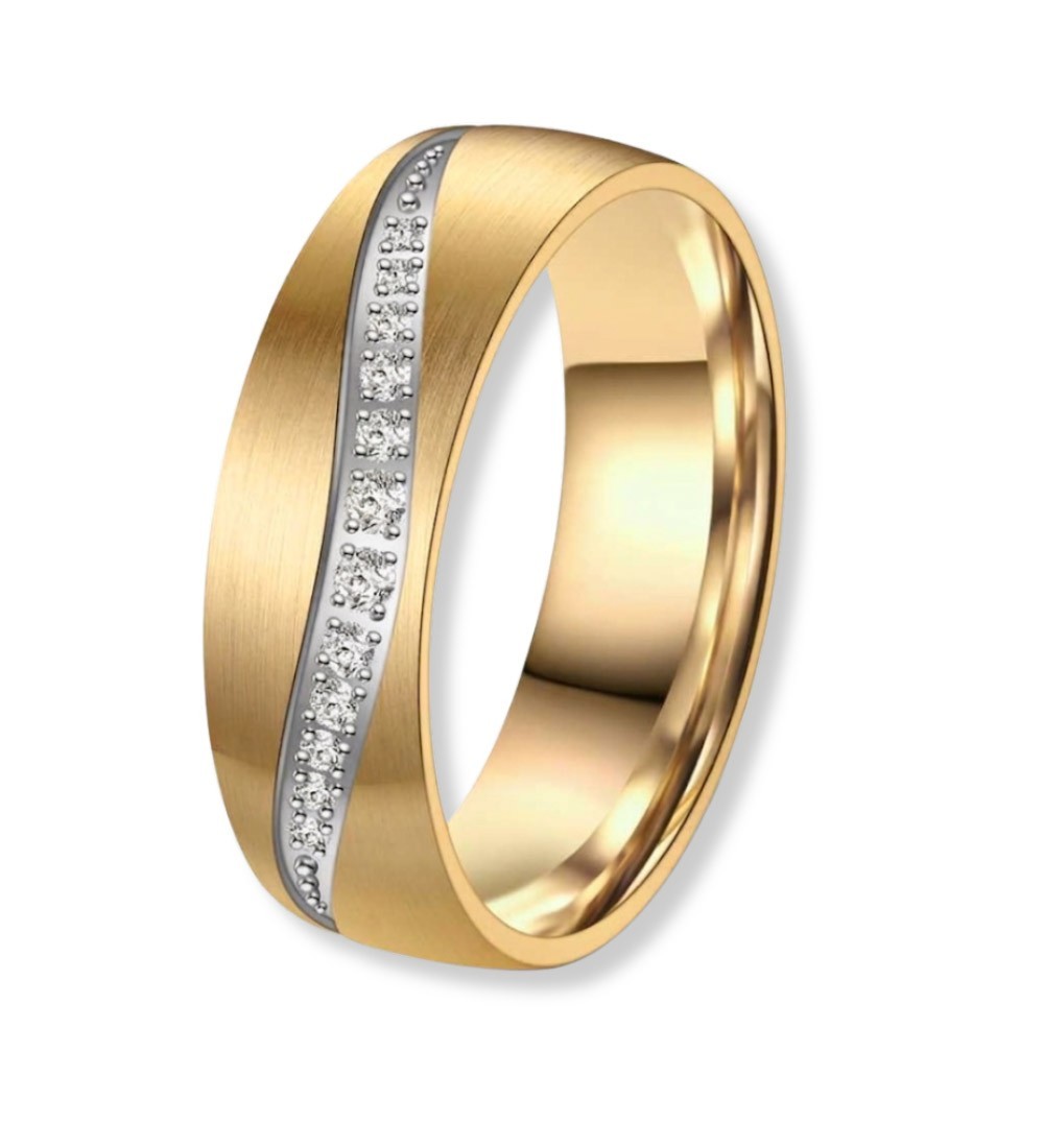 Anillo alianza de mujer en titanio con acabado IP dorado 14k y línea central con circonitas brillantes