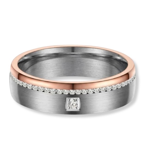 Anillo alianza mujer titanio bicolor acabado cepillado con interior IP rosa 14k y línea de circonitas brillantes