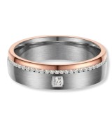 Anillo alianza mujer titanio bicolor acabado cepillado con interior IP rosa 14k y línea de circonitas brillantes