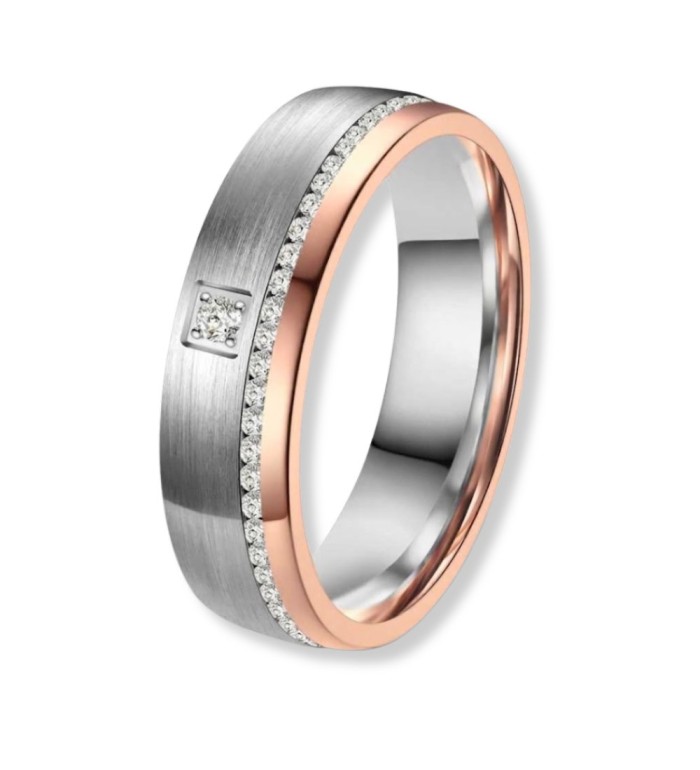 Anillo alianza mujer titanio bicolor acabado cepillado con interior IP rosa 14k y línea de circonitas brillantes
