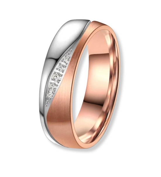 Anillo alianza de mujer en titanio bicolor con acabado IP rosa 14k y circonitas brillantes
