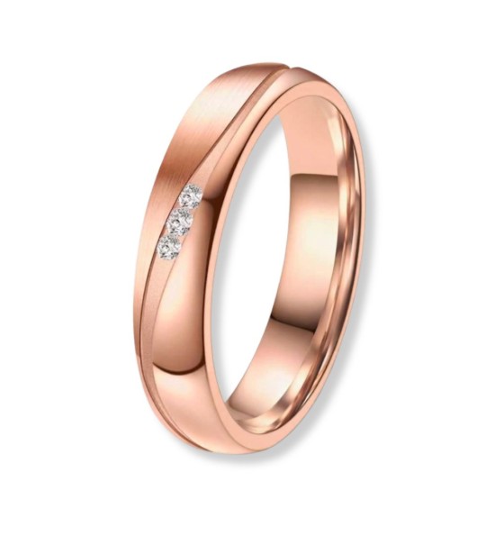 Anillo de alianza para mujer en titanio IP rosa 14k con zirconitas incrustadas, acabado brillante y diseño moderno