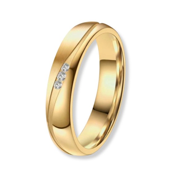 Anillo alianza de mujer en titanio IP dorado 14k con tres circonitas brillantes incrustadas y acabado satinado elegante