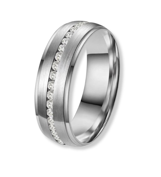 Anillo alianza de mujer en titanio con acabado cepillado y línea de zirconitas brillantes incrustadas