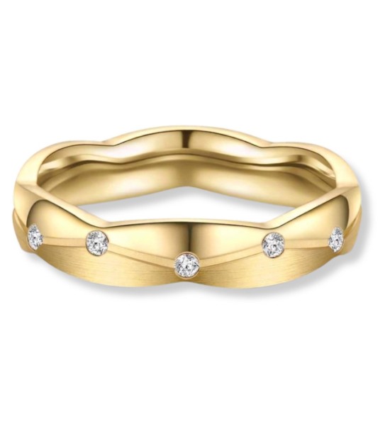 Anillo alianza para mujer de titanio IP dorado 14k con circonitas brillantes y acabado satinado elegante