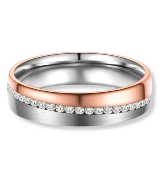 Anillo de alianza para mujer de titanio bicolor con acabado IP rosa 14k y circonitas brillantes