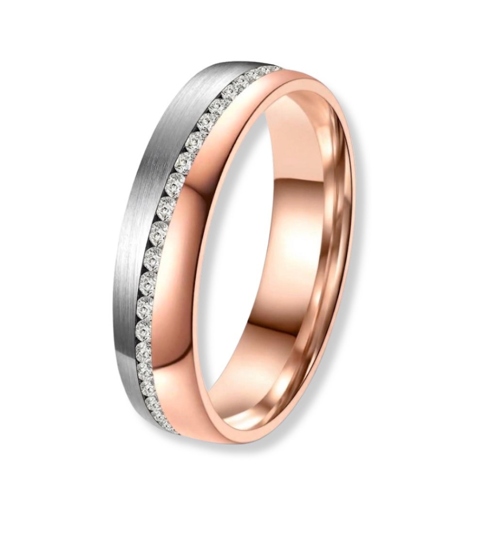 Anillo de alianza para mujer de titanio bicolor con acabado IP rosa 14k y circonitas brillantes