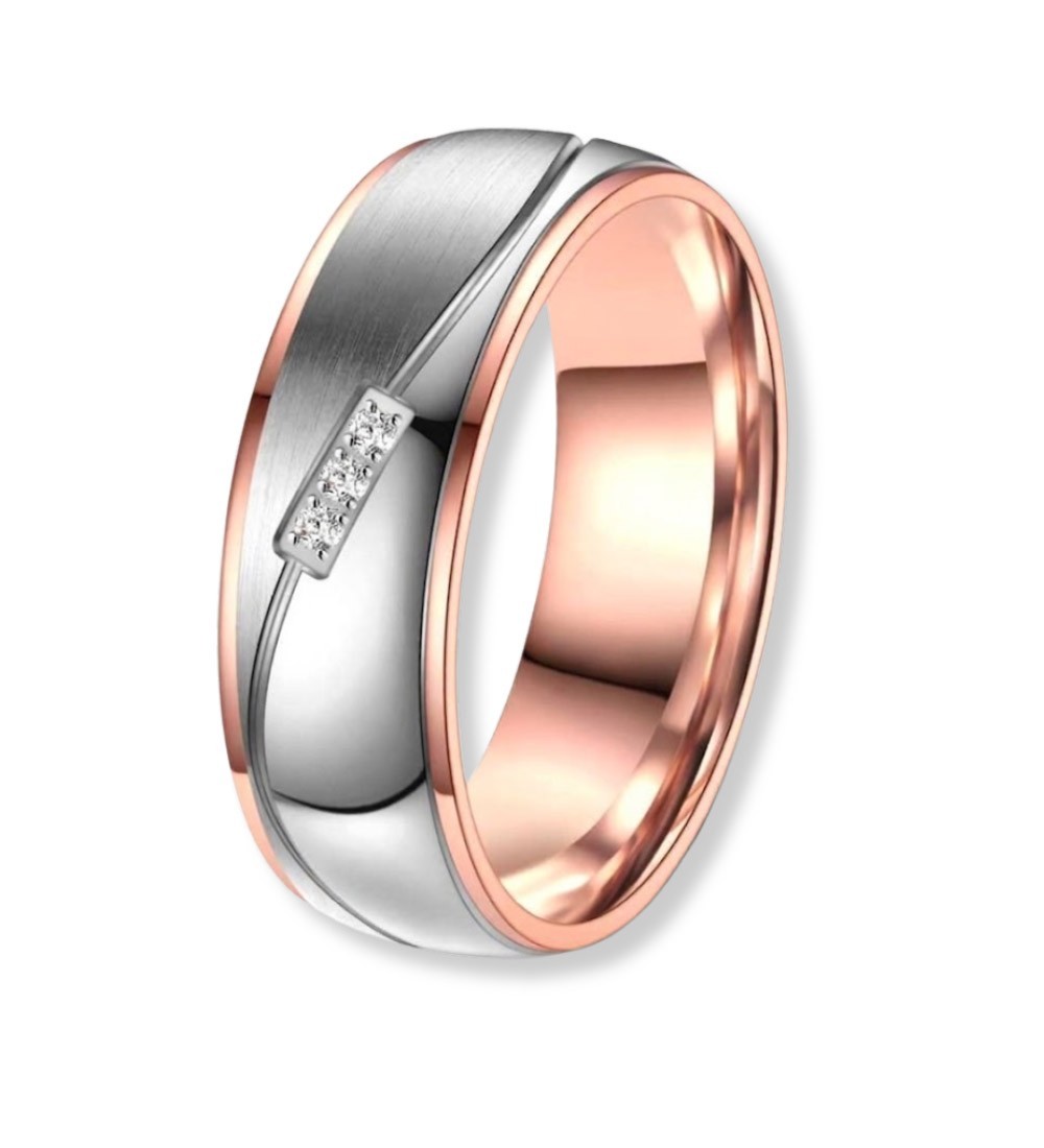 Anillo de alianza para mujer de titanio bicolor con IP oro rosa, acabado mate y brillante con zirconitas incrustadas