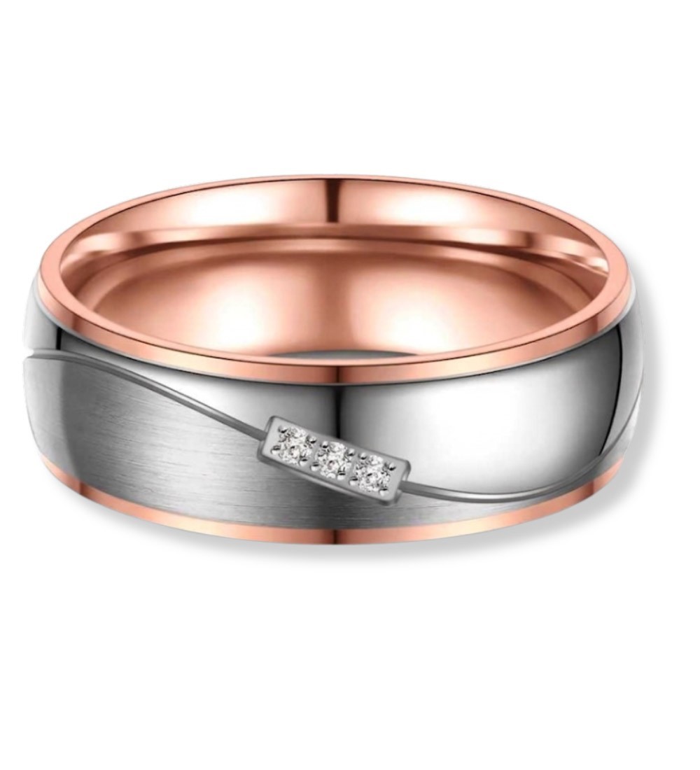 Anillo de alianza para mujer de titanio bicolor con IP oro rosa, acabado mate y brillante con zirconitas incrustadas