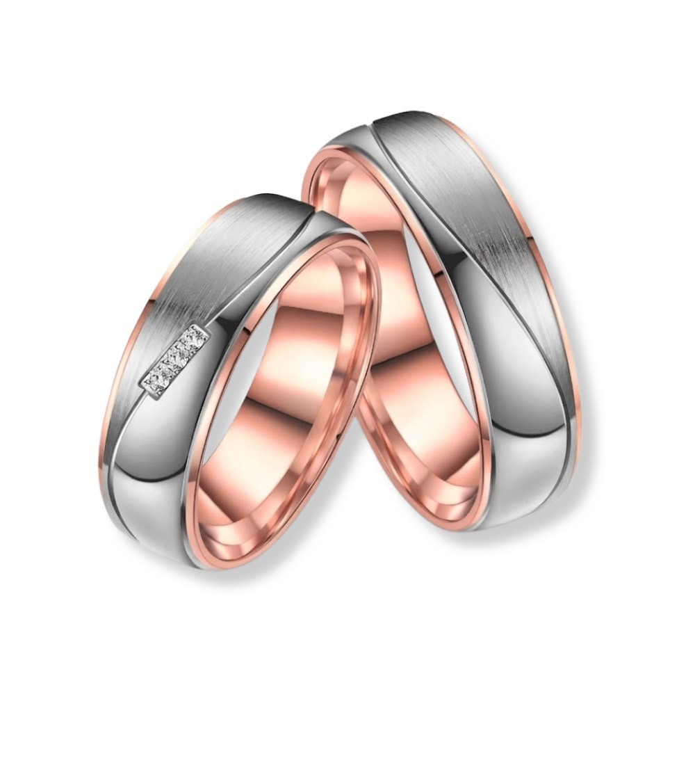Anillo de alianza para mujer de titanio bicolor con IP oro rosa, acabado mate y brillante con zirconitas incrustadas