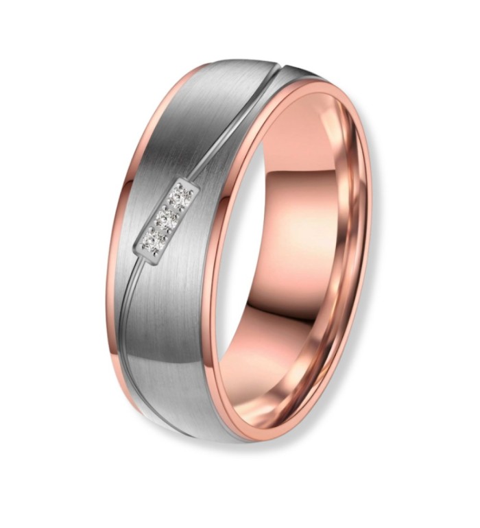 Anillo alianza de mujer en titanio bicolor IP oro rosa 14k mate con circonitas brillantes