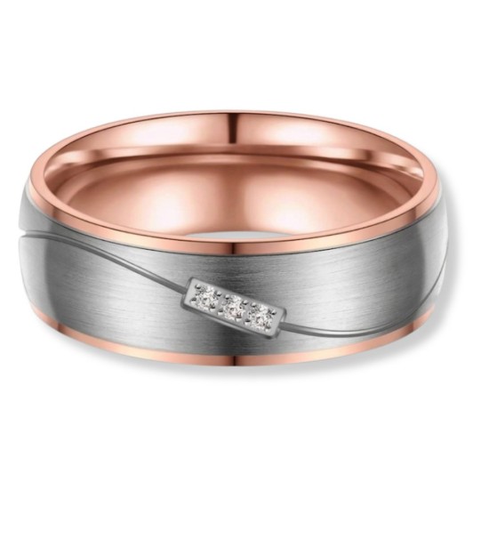 Anillo alianza de mujer en titanio bicolor IP oro rosa 14k mate con circonitas brillantes