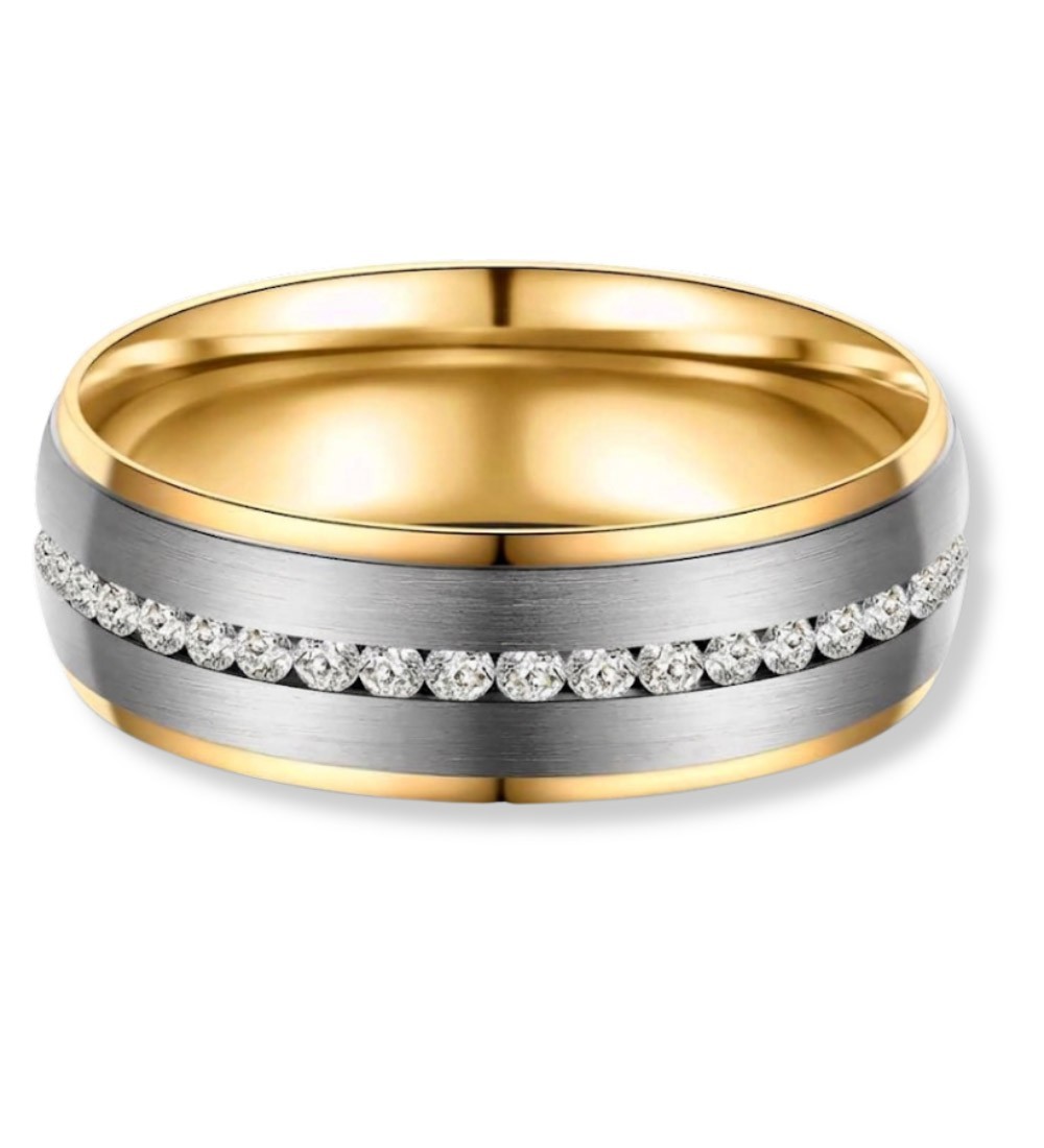 Anillo alianza para mujer de titanio bicolor con acabado IP rosa 14k y línea central de circonitas brillantes