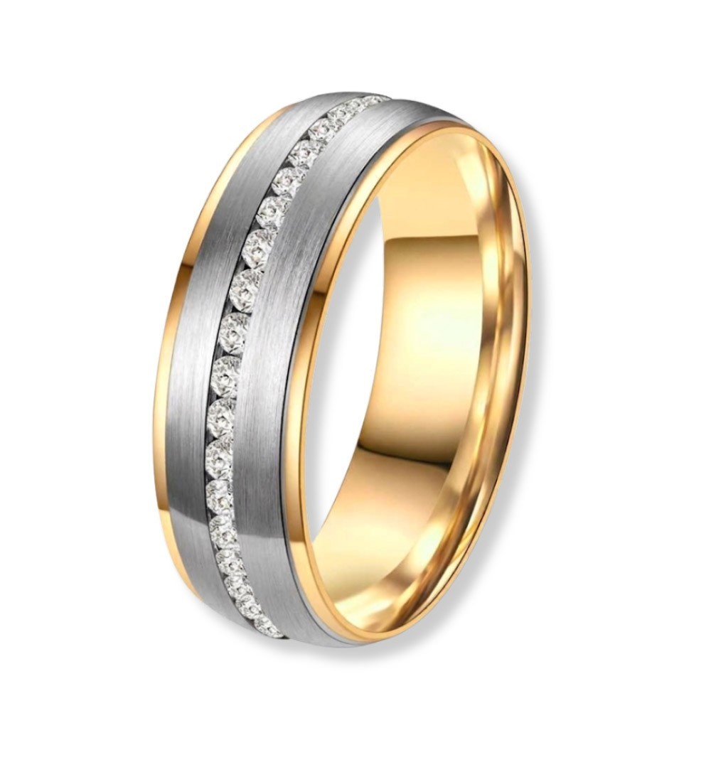 Anillo alianza para mujer de titanio bicolor con acabado IP rosa 14k y línea central de circonitas brillantes