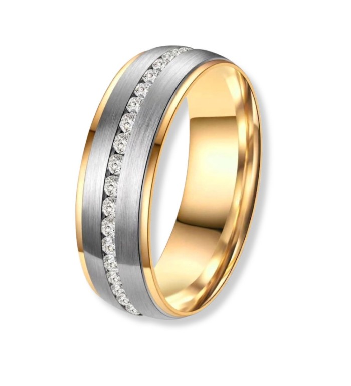 Anillo alianza para mujer de titanio bicolor con acabado IP rosa 14k y línea central de circonitas brillantes