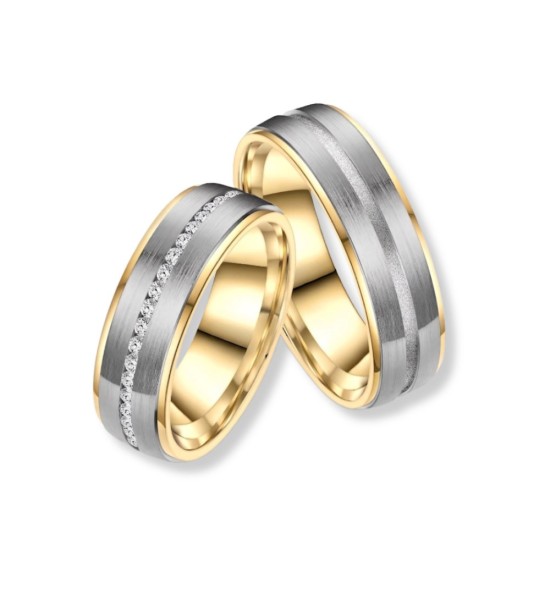 Anillo alianza para mujer de titanio bicolor con acabado IP rosa 14k y línea central de circonitas brillantes