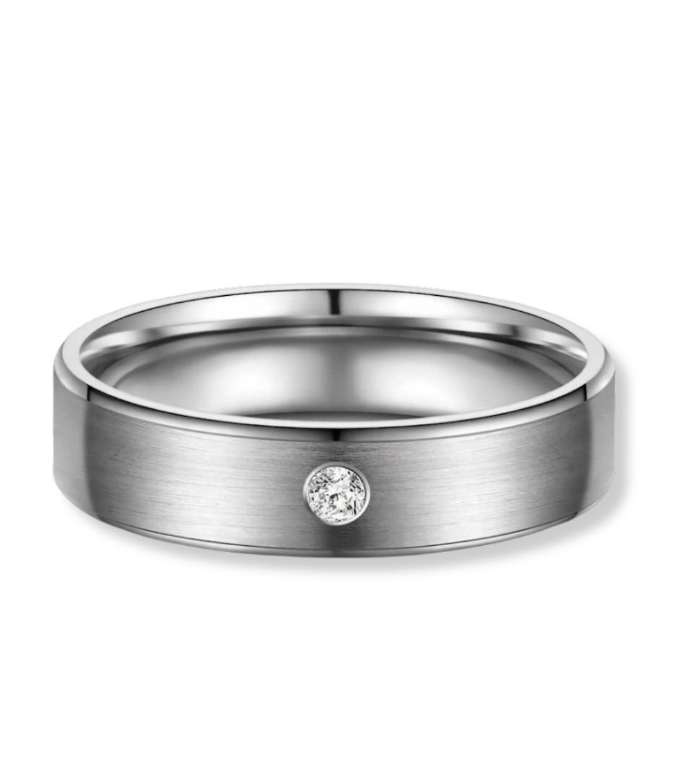 Anillo de alianza para mujer en titanio acabado mate con circonita incrustada, diseño moderno y resistente