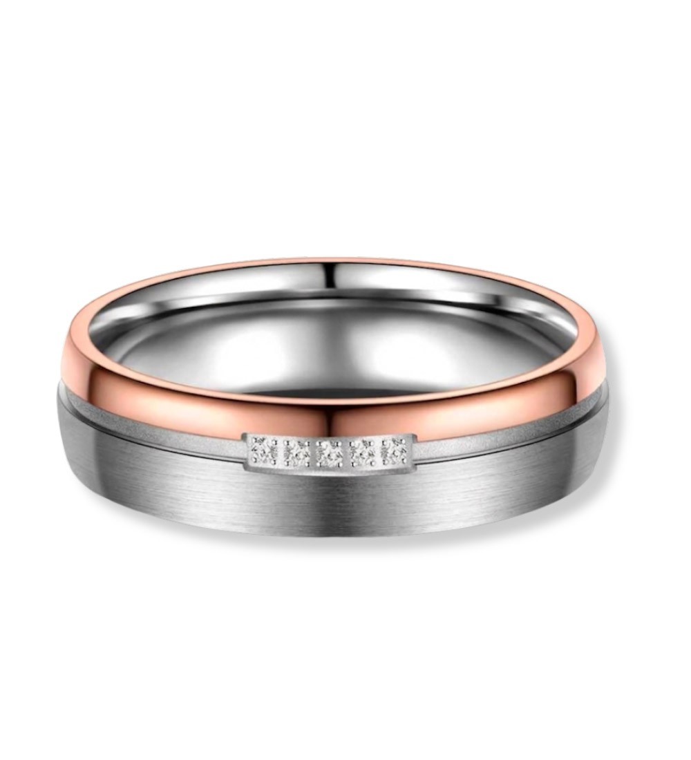 Anillo alianza mujer titanio bicolor IP rosa 14k con circonitas