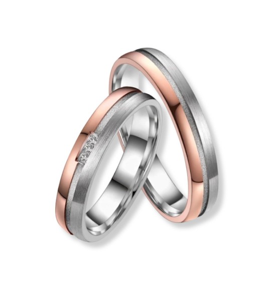 Anillo alianza mujer de titanio bicolor con acabado IP rosa 14k y zirconitas incrustadas, diseño elegante y moderno