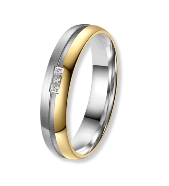 Anillo alianza de titanio bicolor con acabado IP oro 14k y zirconitas incrustadas para mujer