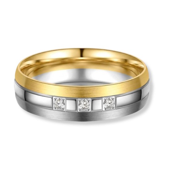Anillo alianza para mujer de titanio bicolor con acabado IP dorado 14k y circonitas incrustadas, diseño elegante y moderno