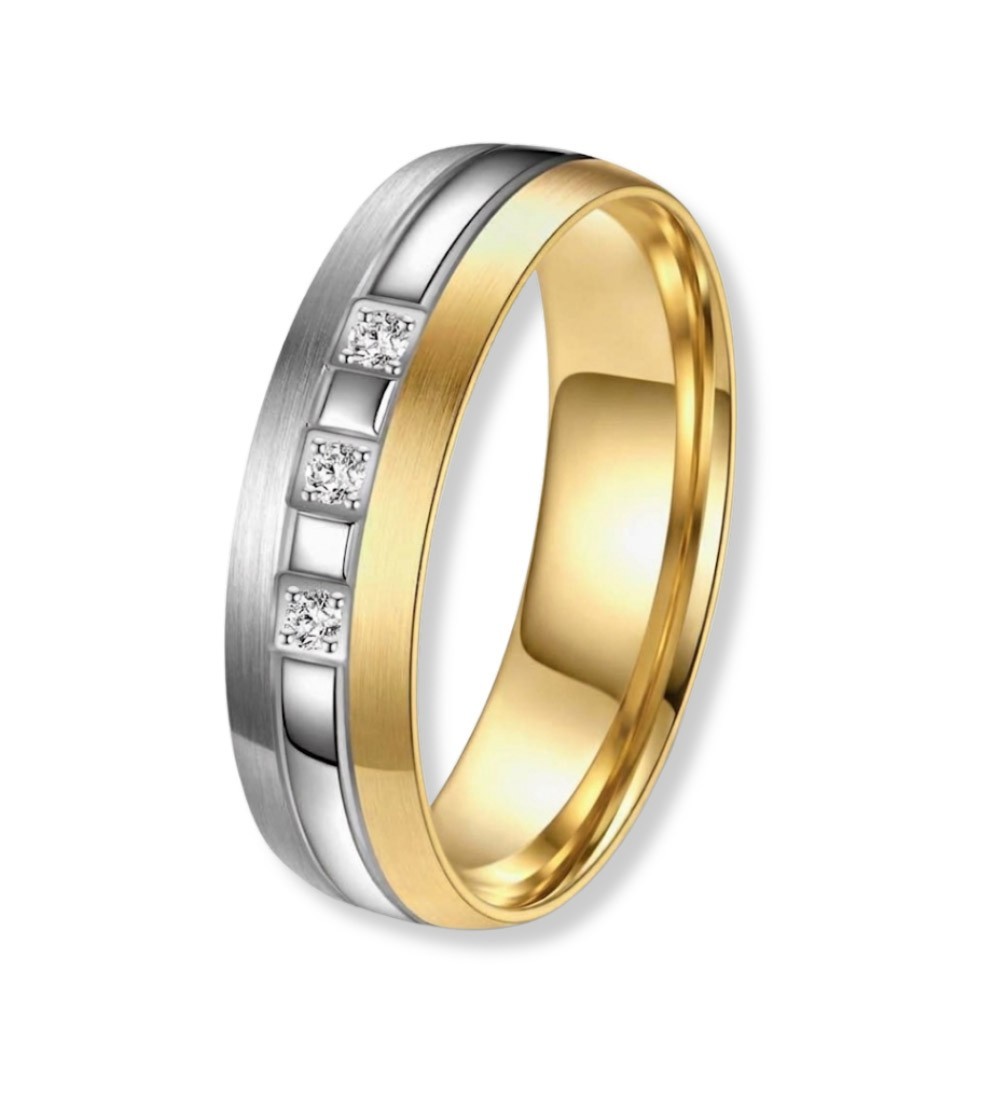 Anillo alianza para mujer de titanio bicolor con acabado IP dorado 14k y circonitas incrustadas, diseño elegante y moderno
