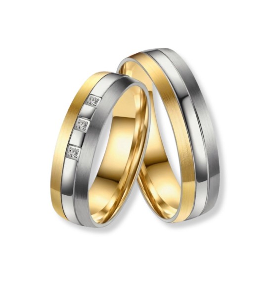 Anillo alianza para mujer de titanio bicolor con acabado IP dorado 14k y circonitas incrustadas, diseño elegante y moderno