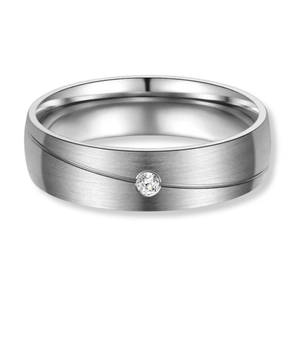 Anillo alianza de mujer en titanio con acabado mate y zirconita incrustada, diseño moderno y minimalista